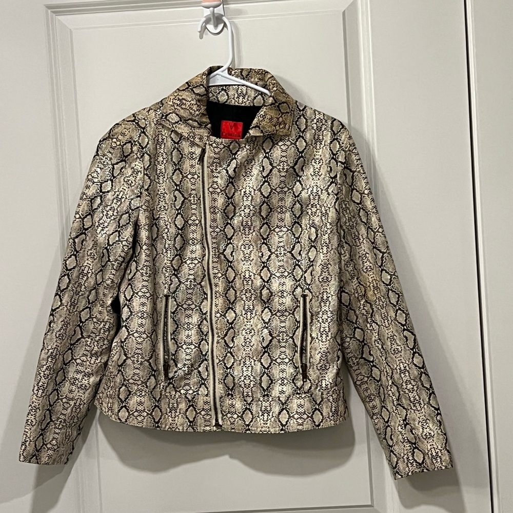 Christina Snake Print Leather Jacket - Black and Cream